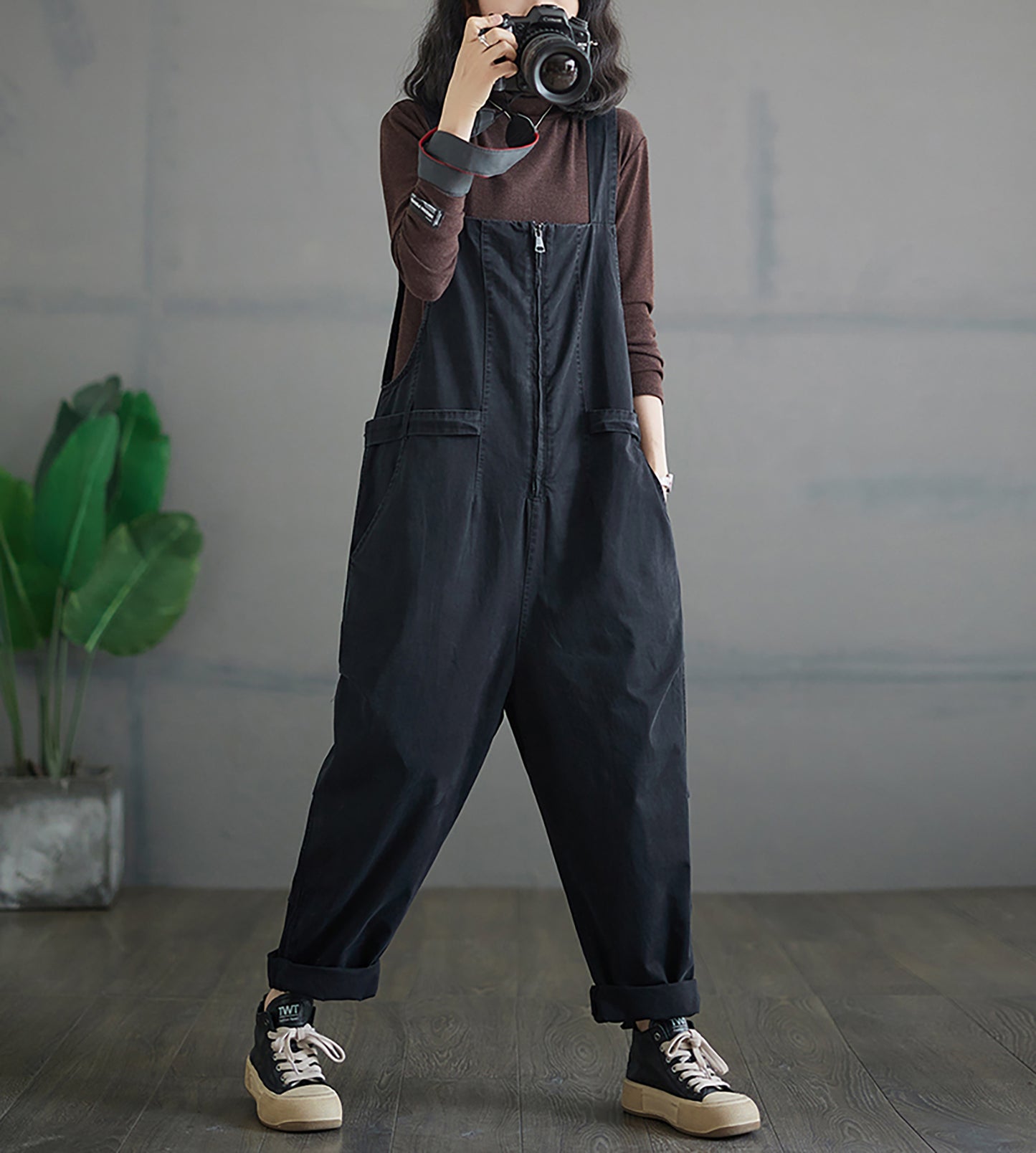 Front Zipper Button Fit Harem  Bib Overalls