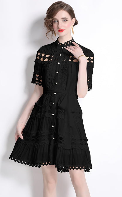 Womens Lace Hollow Button Mini Dress