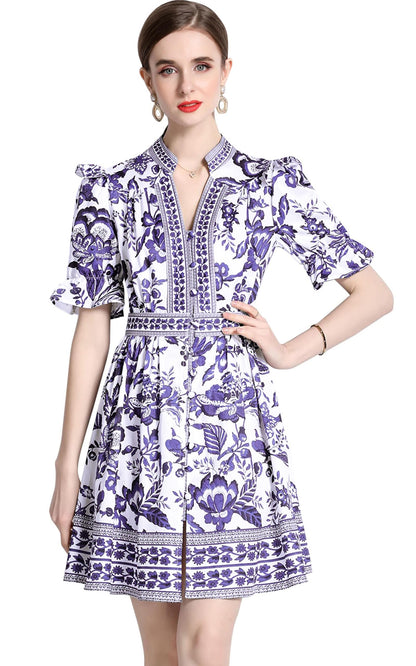 BK-Short Puff Sleeve Floral  Mini Dress