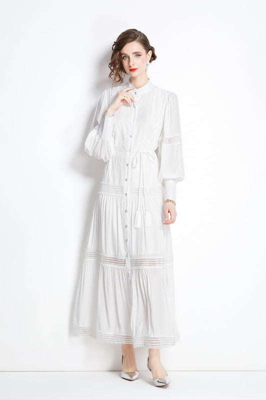 Womens Hollow Puff Sleeve Maxi Dress