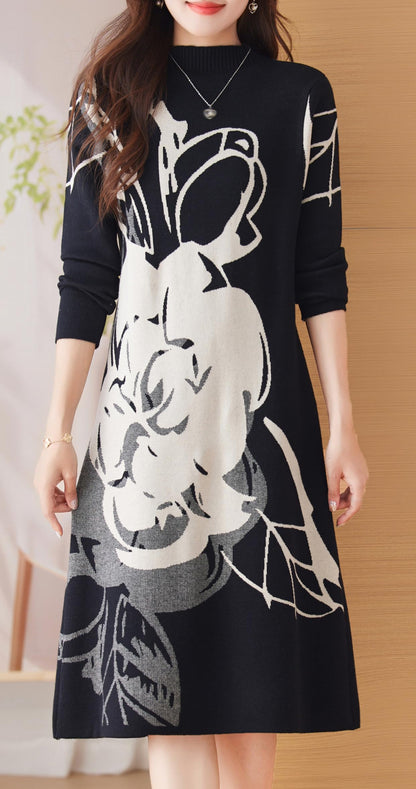 BK-Knit Floral Pullover Elegant Winter Midi Dress