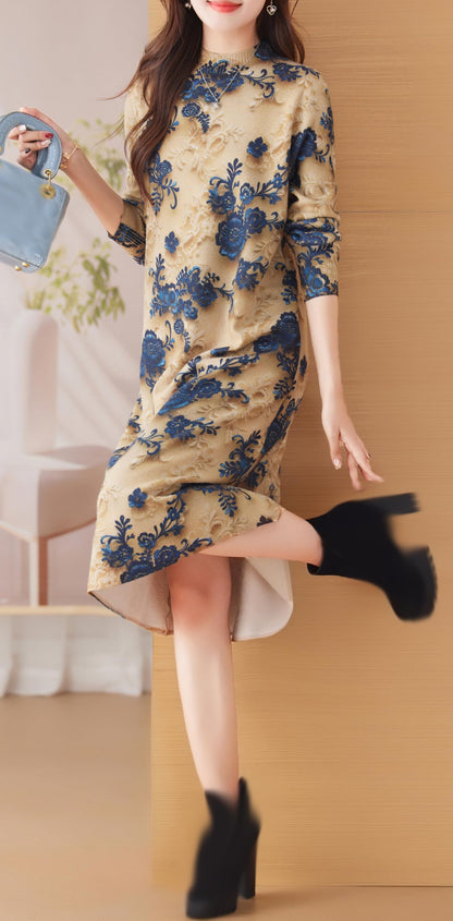 Knit Floral Pullover Elegant Winter Midi Dress