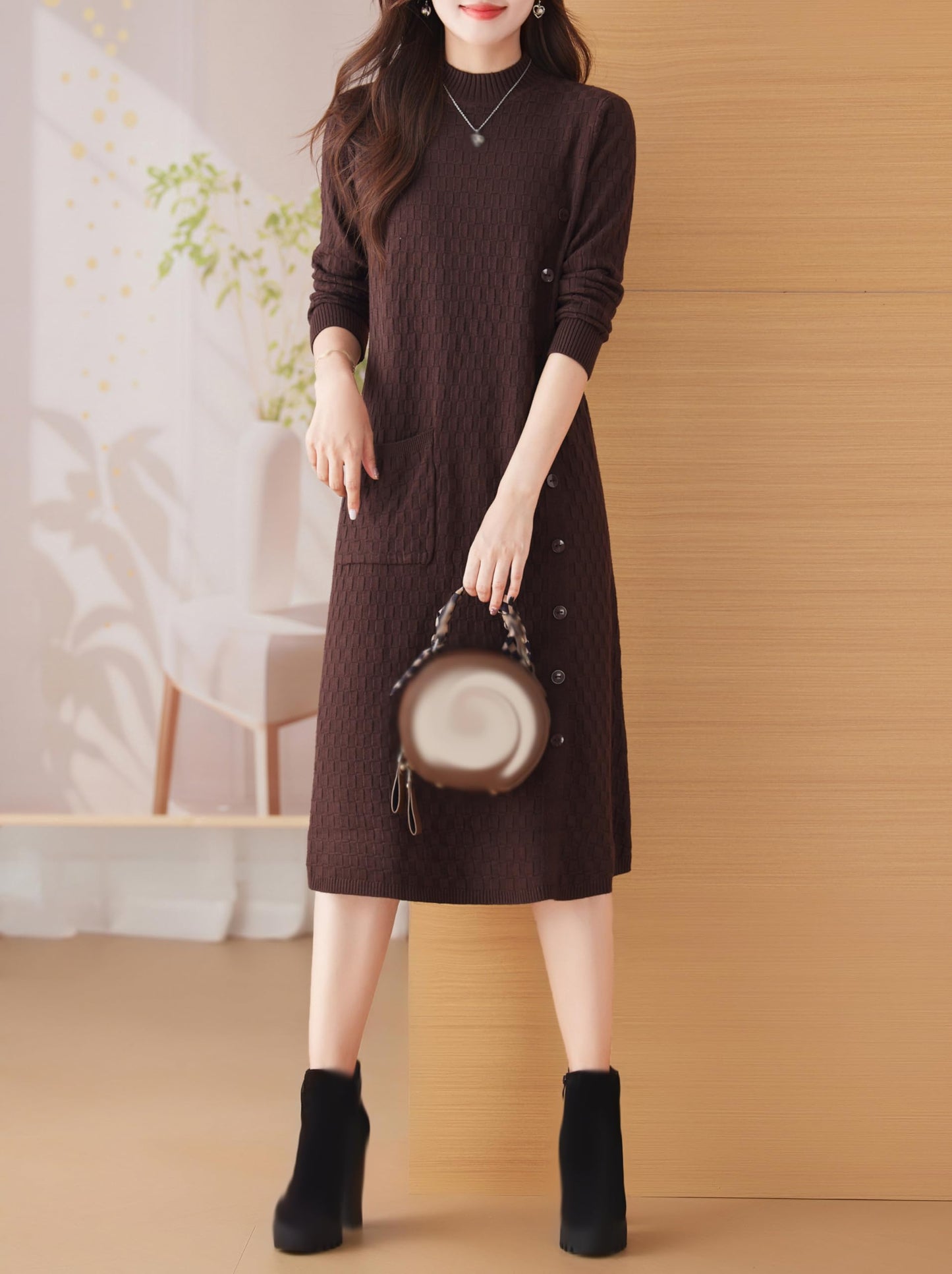 Knit Stretch Solid Button Midi Dress with Pockets