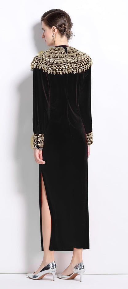 Velvet Embroidery Beads Side Slit Maxi Dress