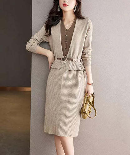 Knit Patchwork Belt Stretchy Midi Dress