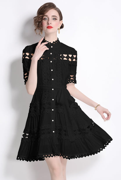 Womens Lace Hollow Button Mini Dress