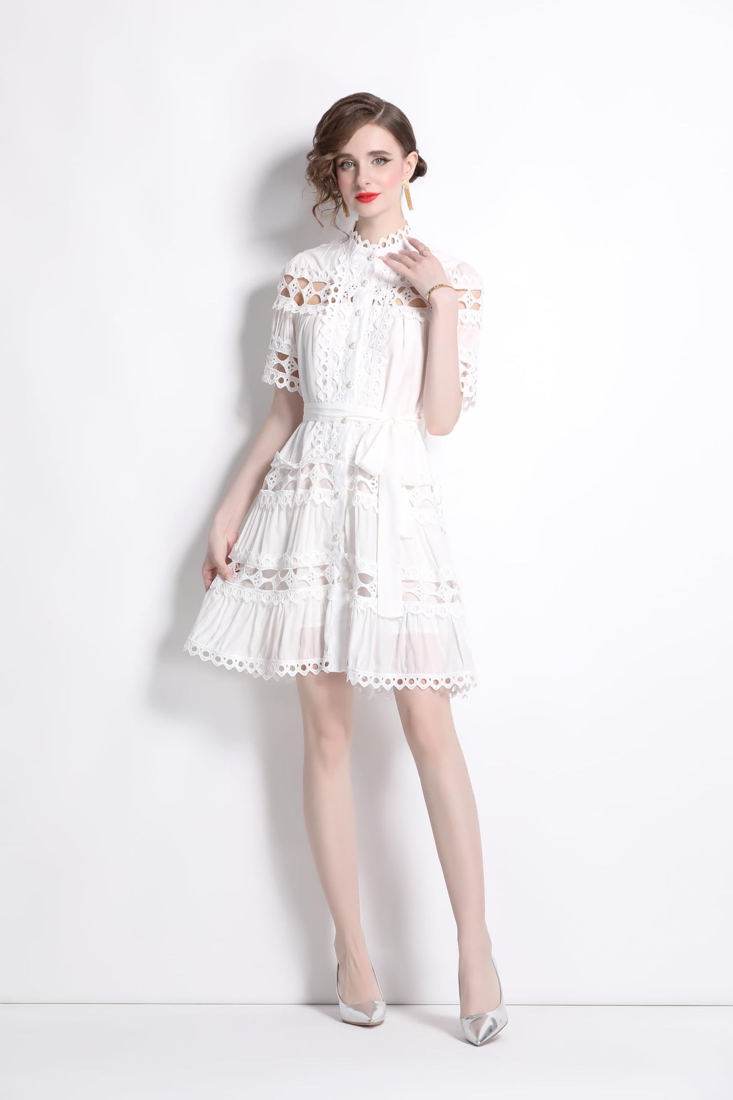 Womens Lace Hollow Button Mini Dress