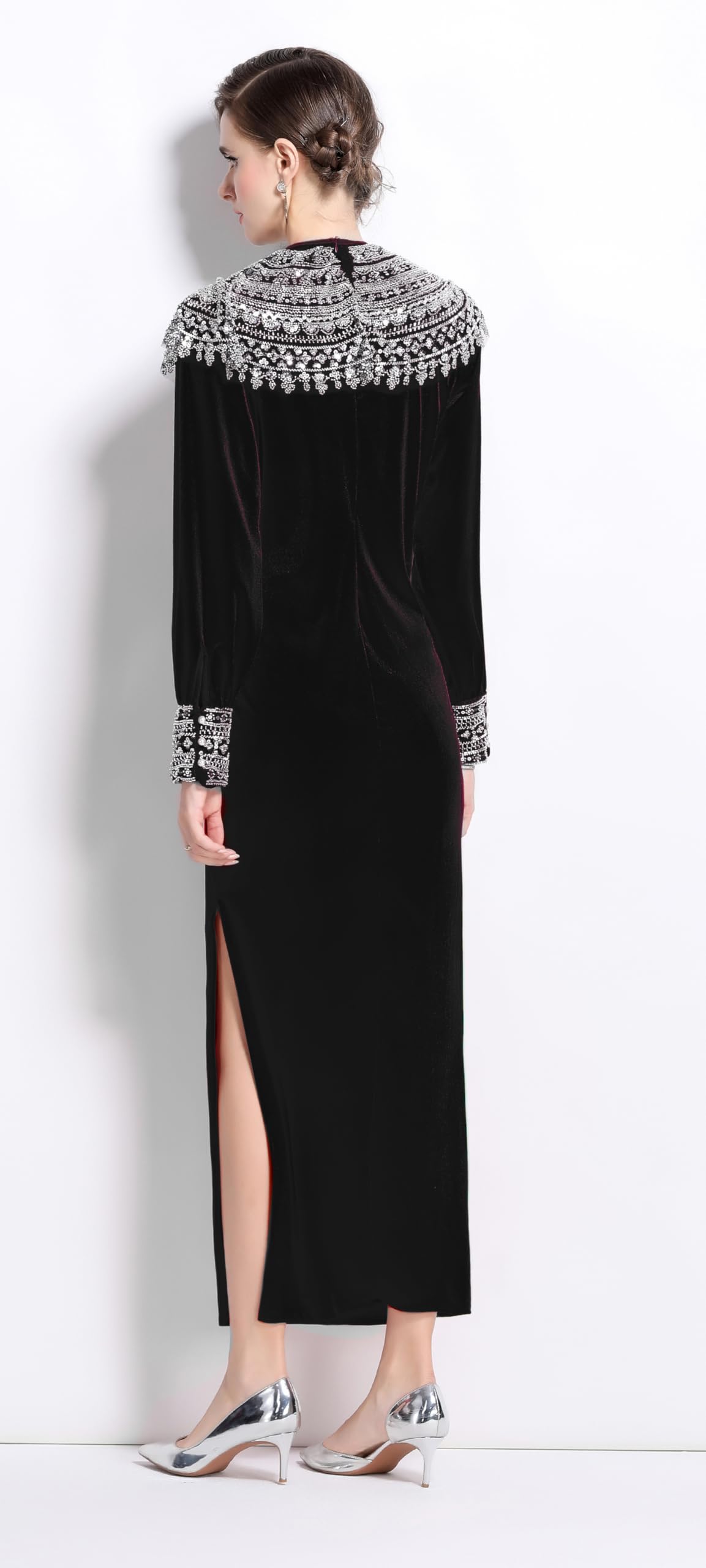 Velvet Embroidery Beads Side Slit Maxi Dress