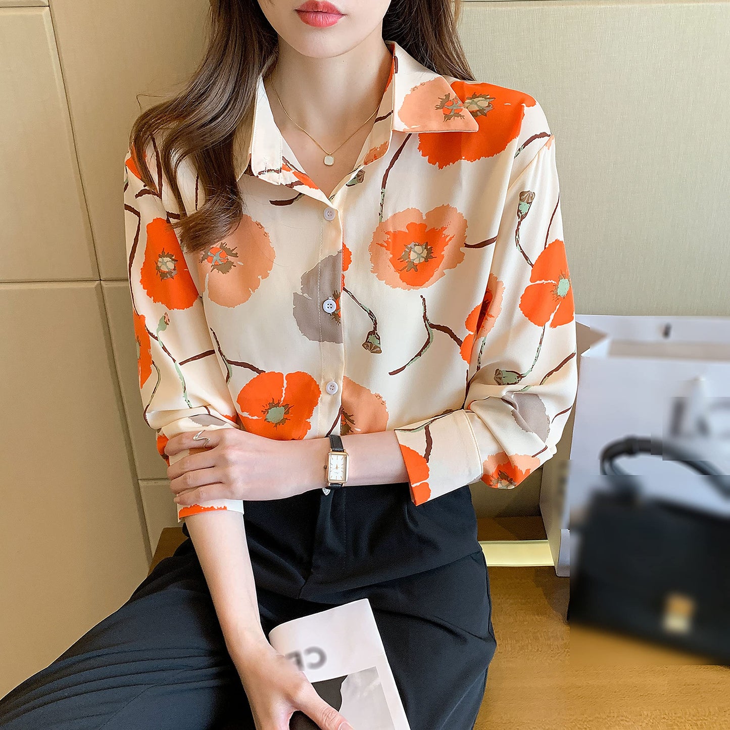 BK-Elegant Collared Floral Print Button Blouse Tops