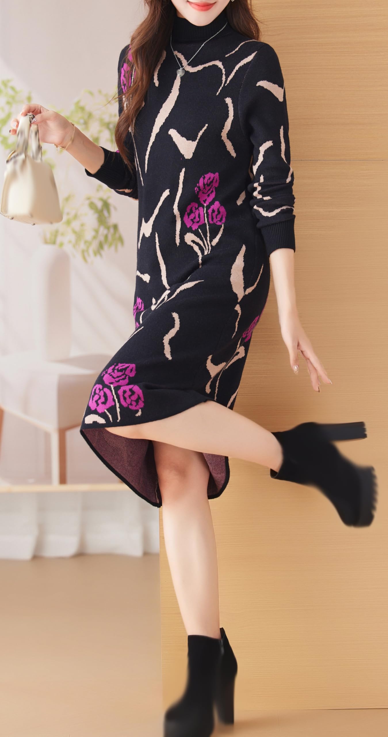 Knit Stretch Pattern Pullover Midi Dress