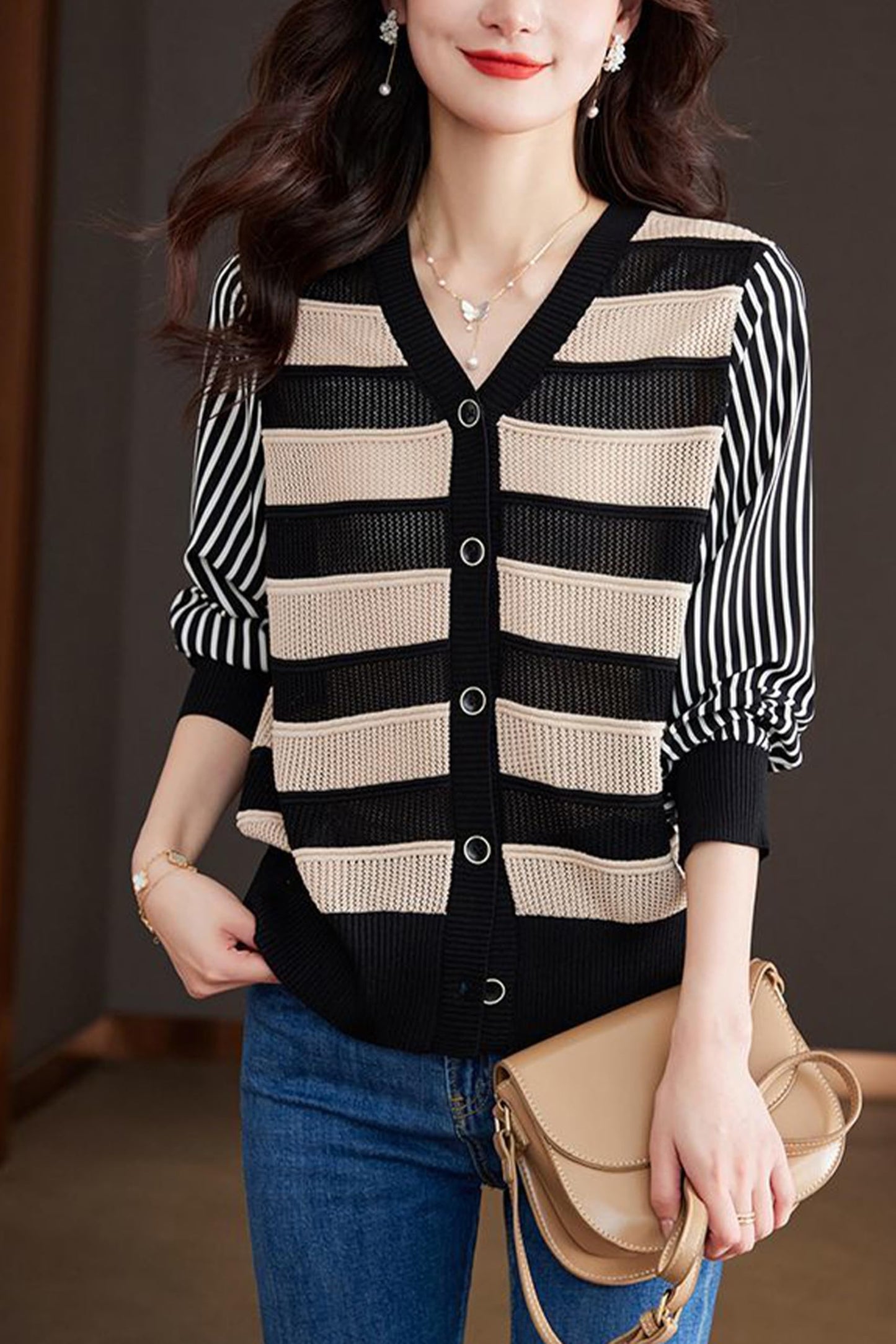 Womens Striped Cardigan Sweaters Tops