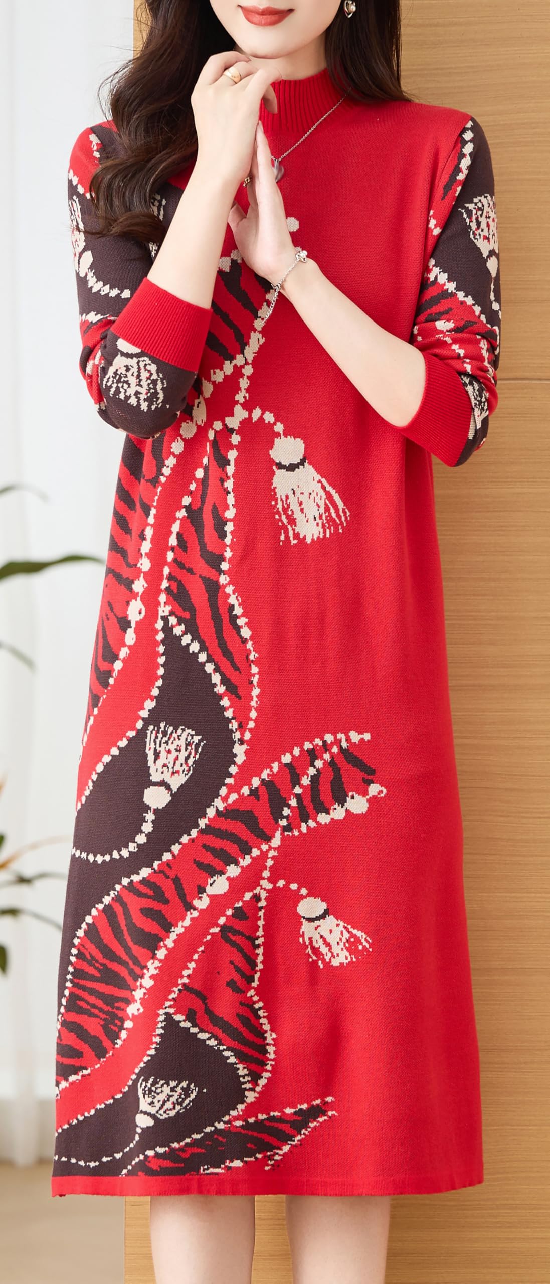 Knit Floral Pullover Elegant Winter Midi Dress