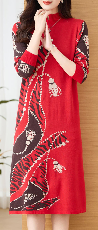 Knit Floral Pullover Elegant Winter Midi Dress