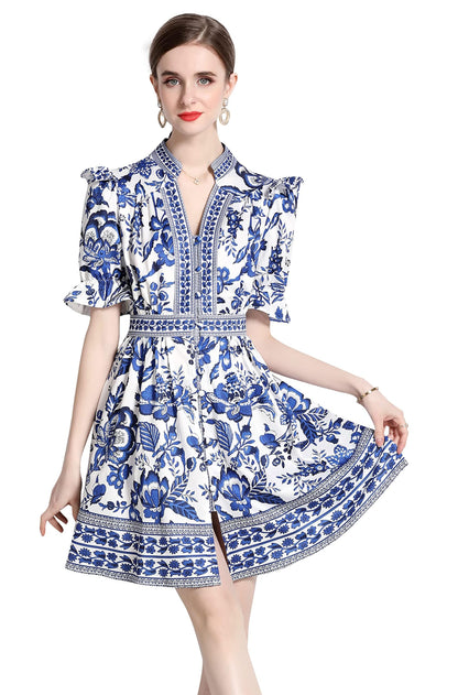 BK-Short Puff Sleeve Floral  Mini Dress