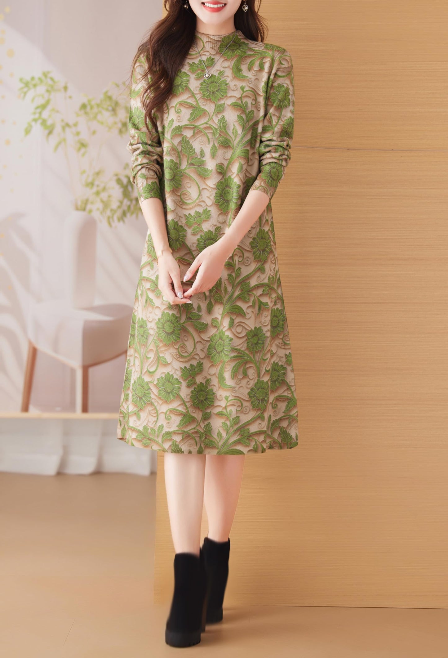 Knit Stretch Pattern Pullover Midi Dress