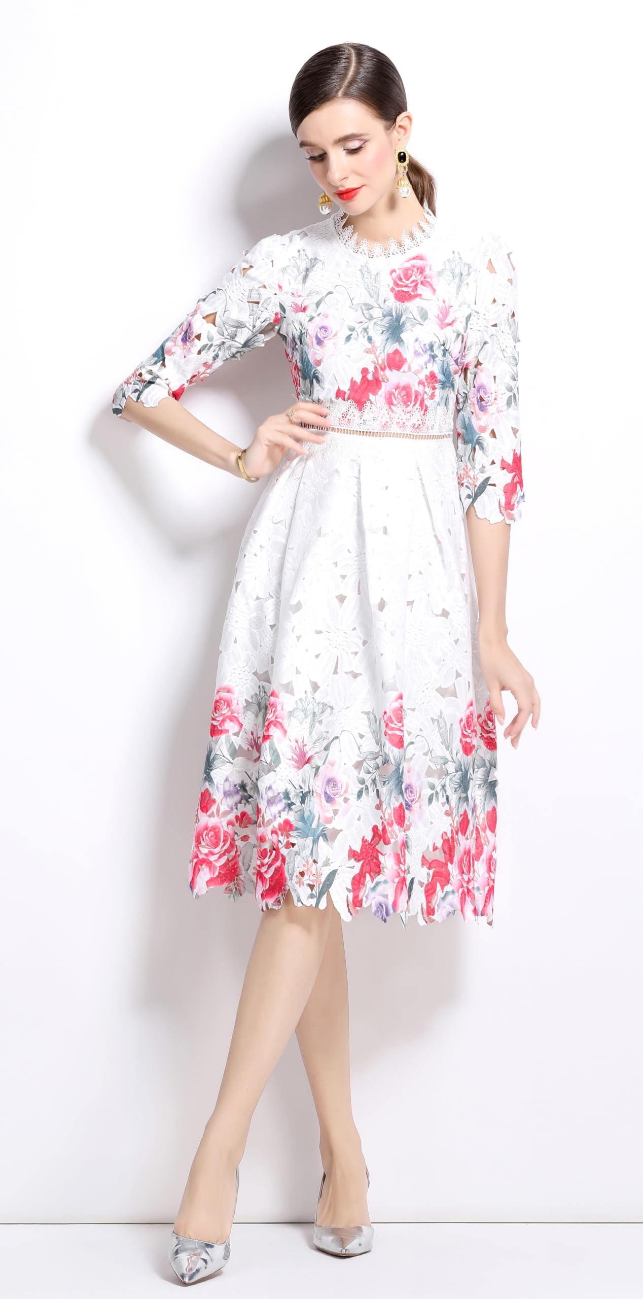 Womens Flowy Lace Party Midi Dress