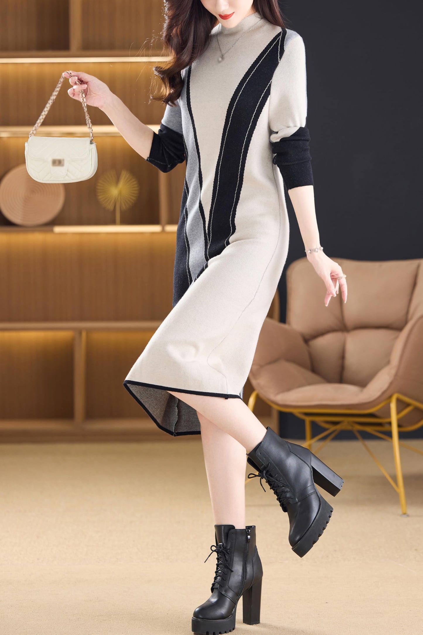 Fall Long Sleeve Knitted Stretch Pullover Midi Dress