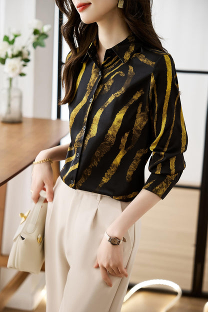 Casual Floral Print Button Collared Blouses