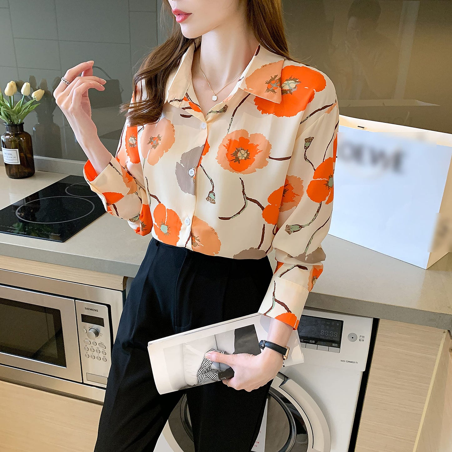 BK-Elegant Collared Floral Print Button Blouse Tops