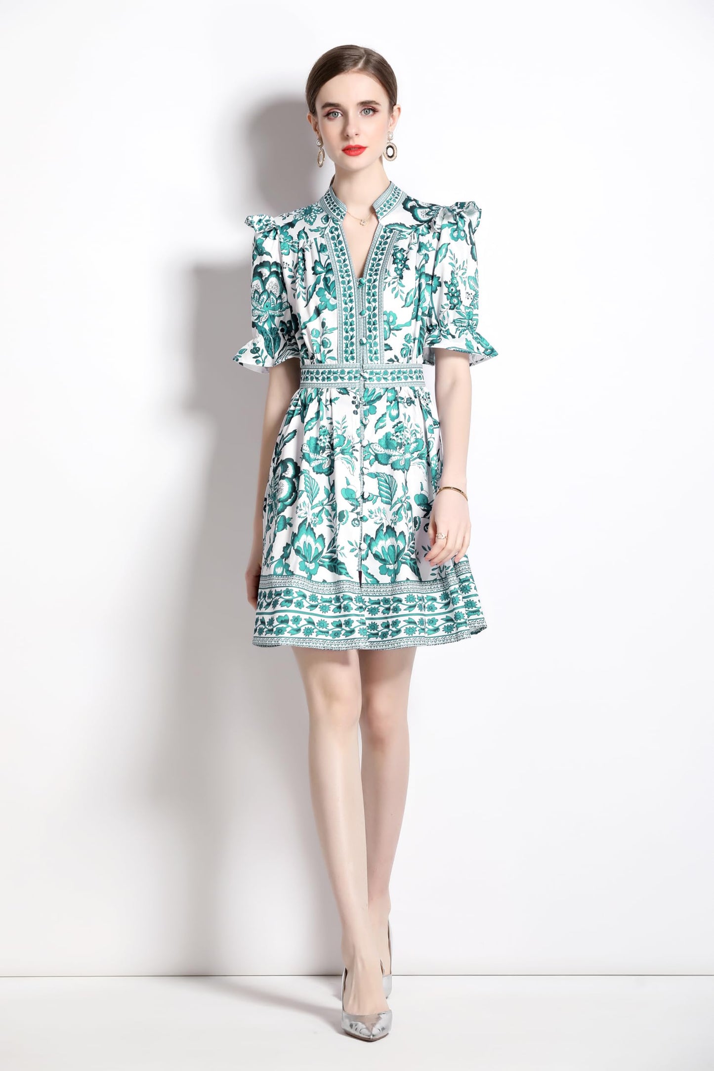 BK-Short Puff Sleeve Floral  Mini Dress