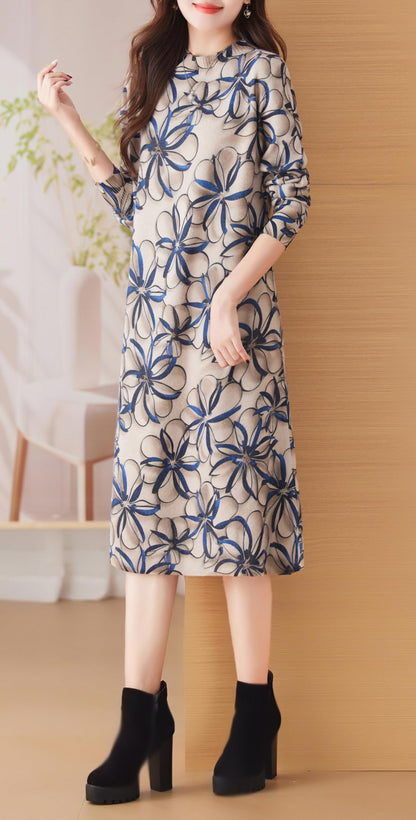 Knit Stretch Pattern Pullover Midi Dress