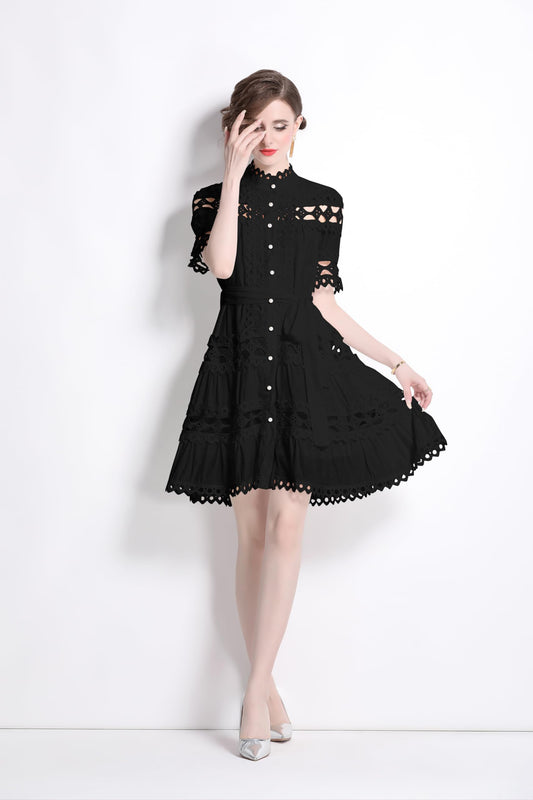 Womens Lace Hollow Button Mini Dress