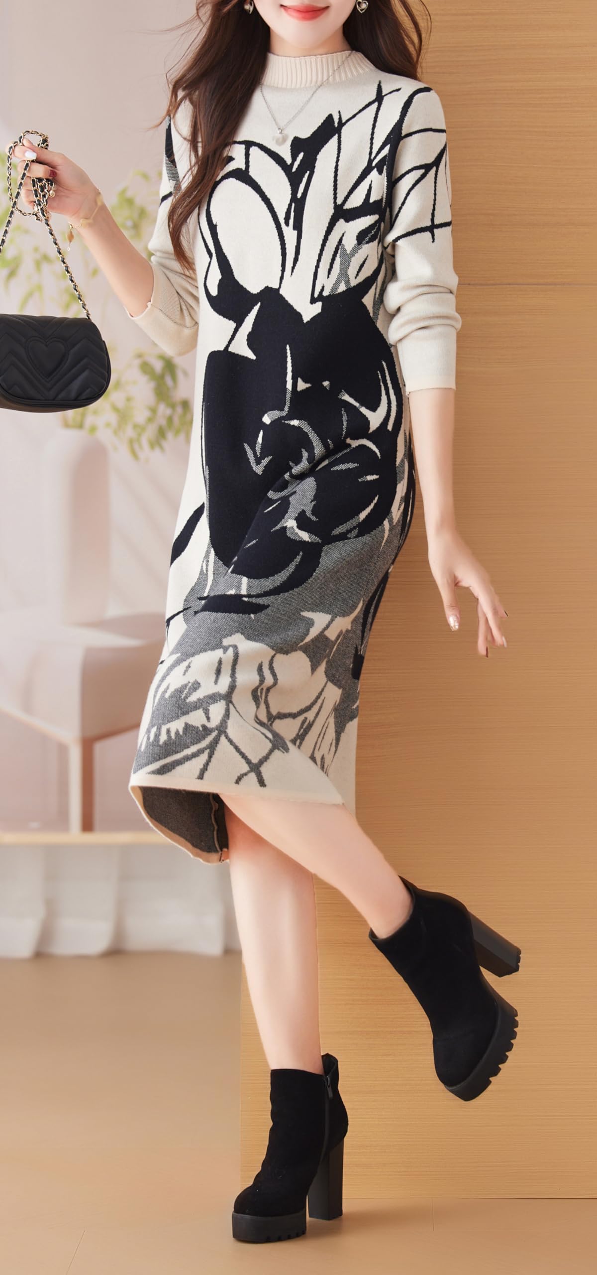 BK-Knit Floral Pullover Elegant Winter Midi Dress