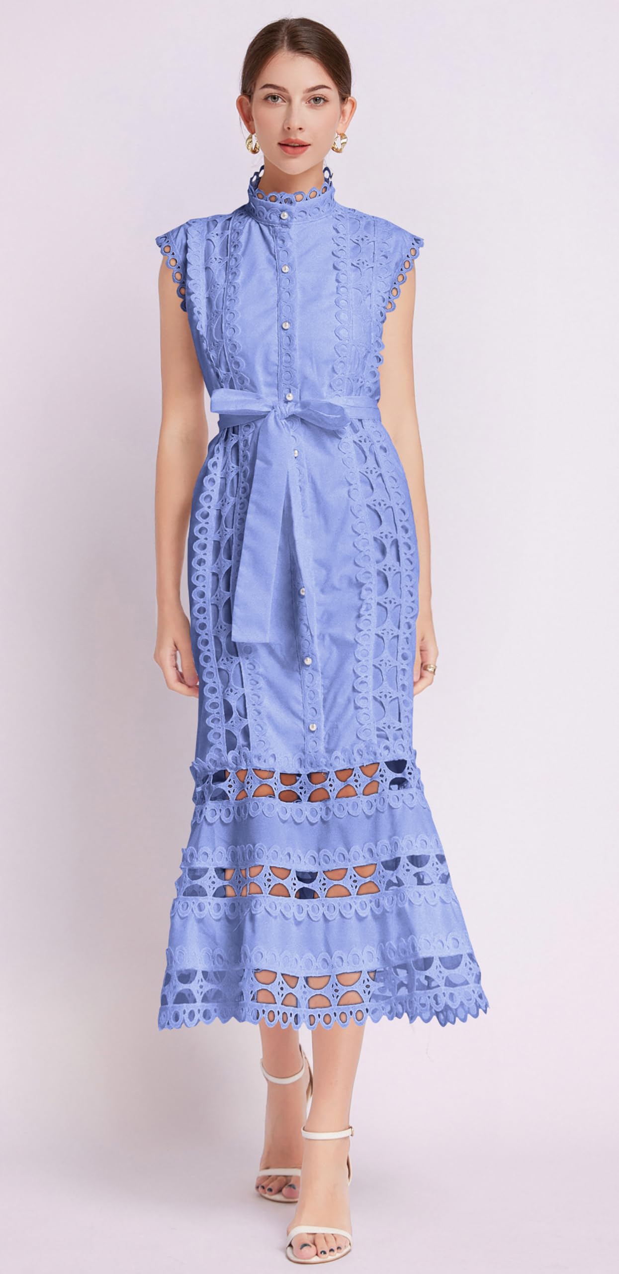 BK-Hollow Lace Button Midi Dress