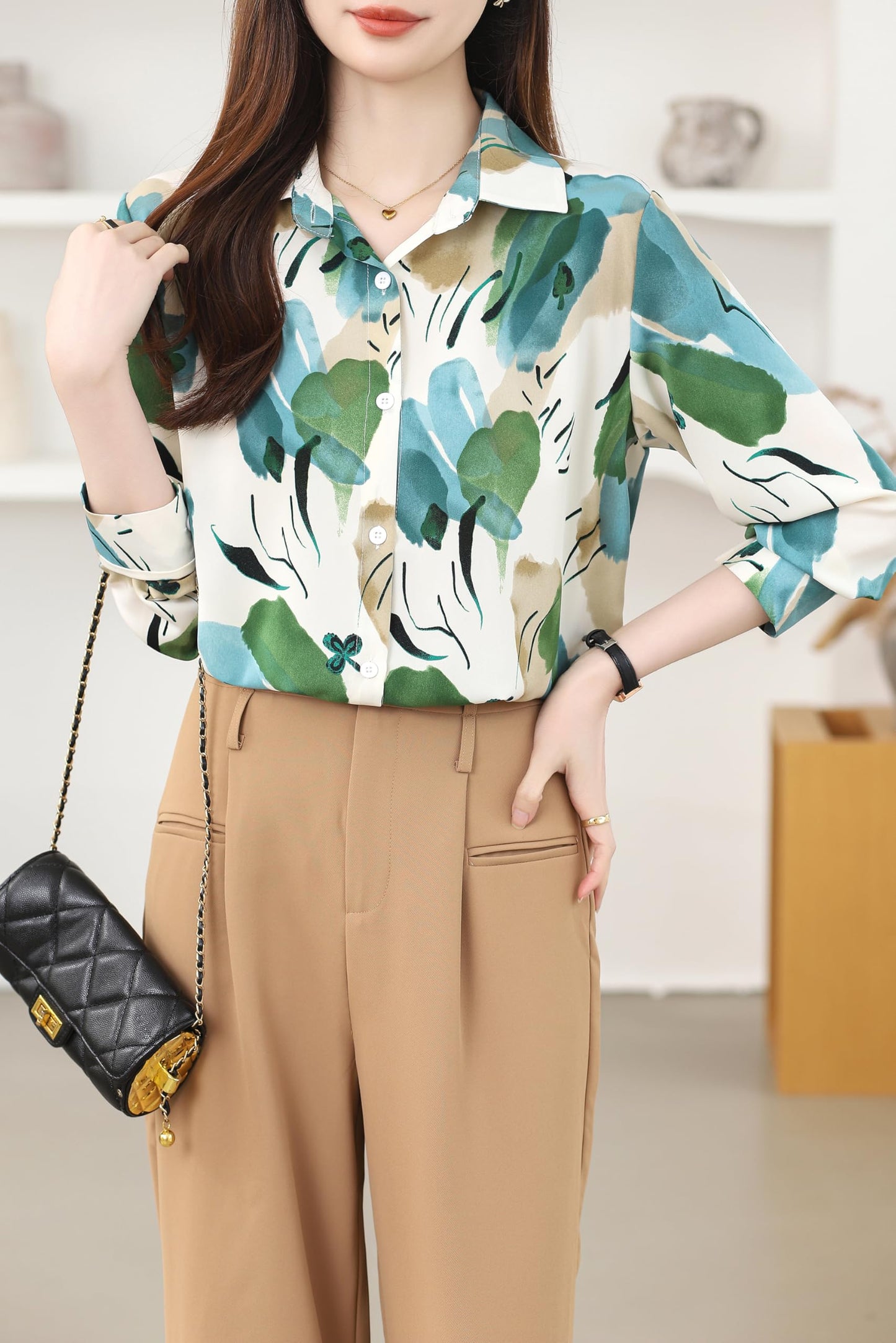 Button Print Collar Shirt Blouses Tops