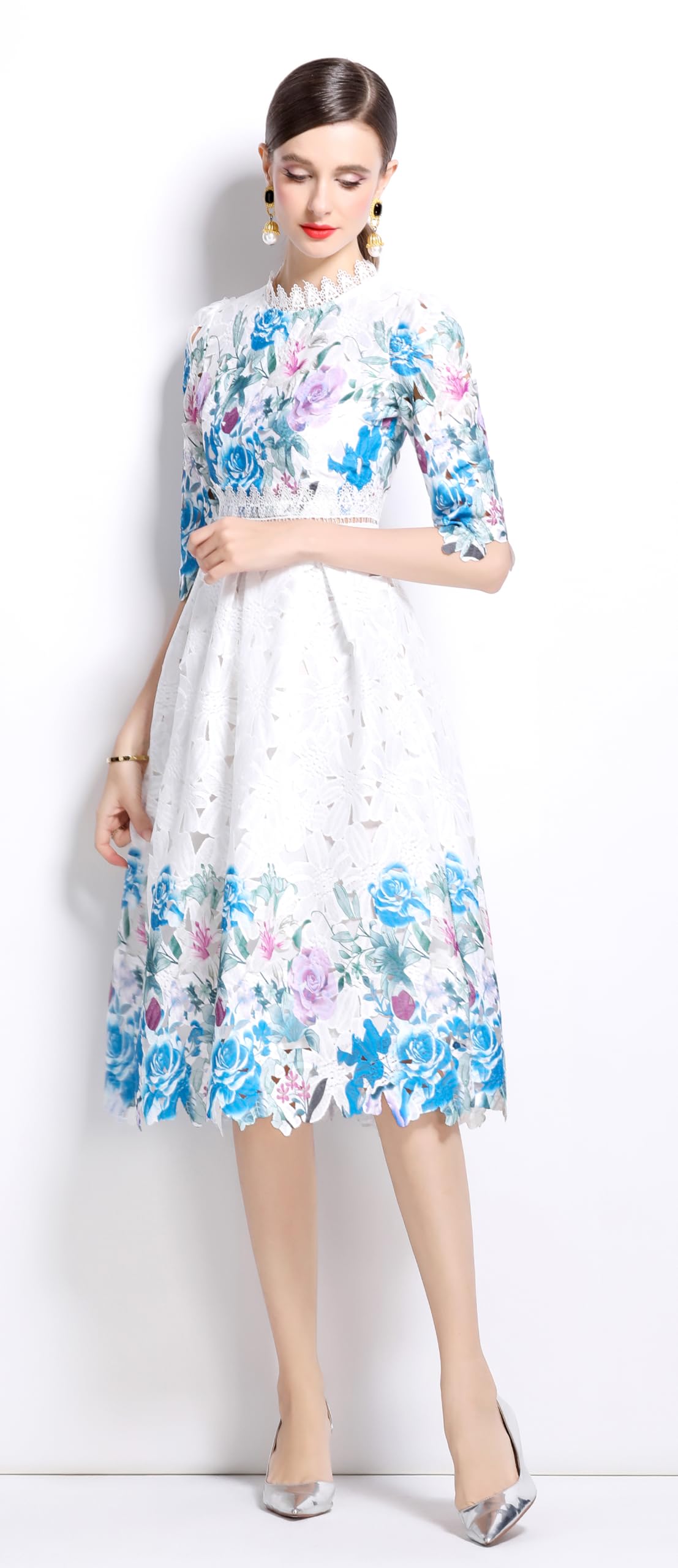 Womens Flowy Lace Party Midi Dress