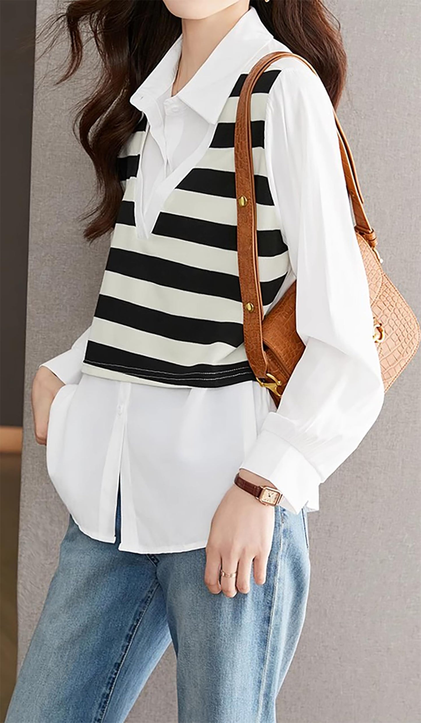 Striped 2 in 1 Knitted Vest Vintage Blouse