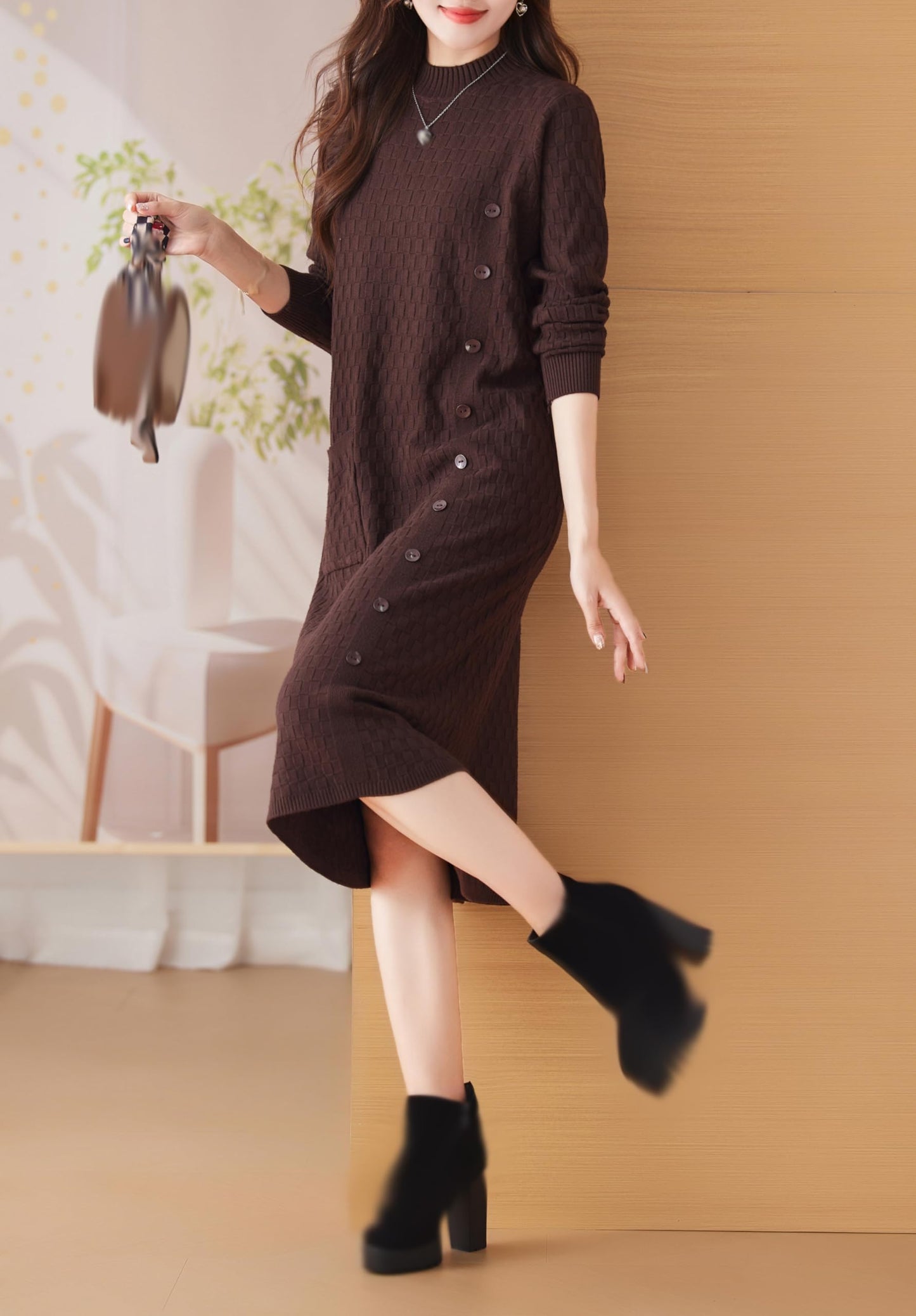 Knit Stretch Solid Button Midi Dress with Pockets