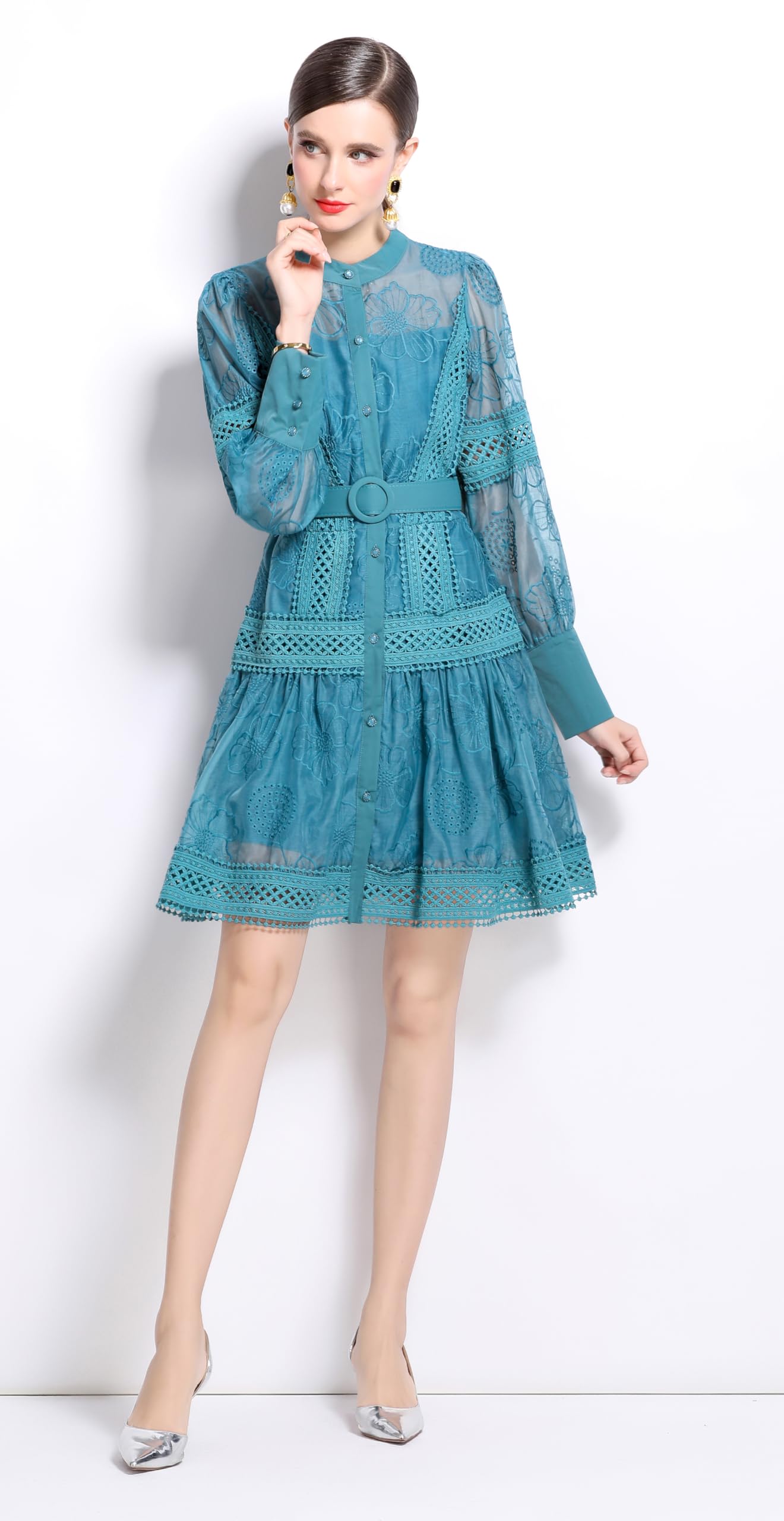 Womens Hollow Lantern Sleeve Mini Dress