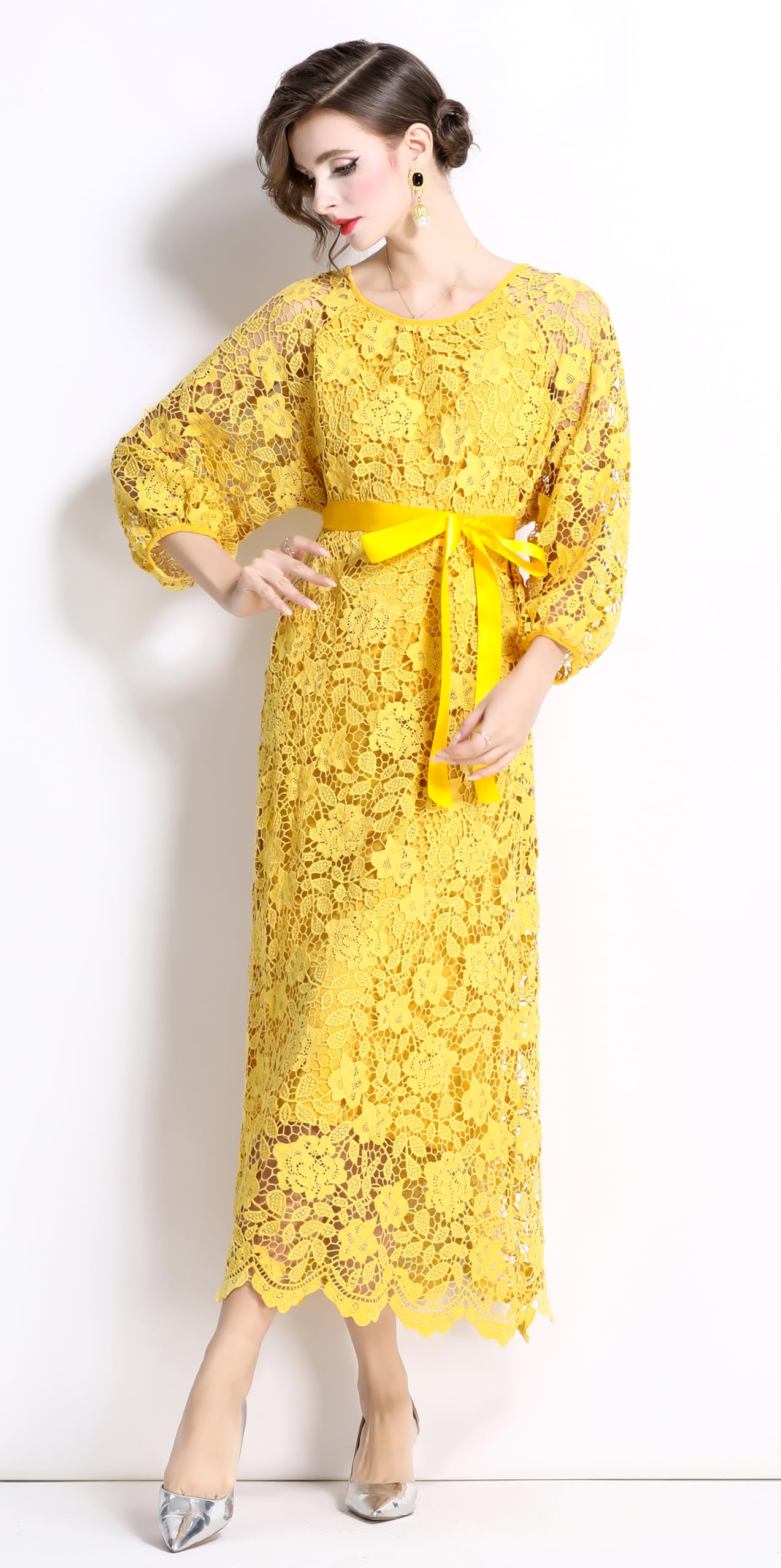 Womens Lace Puff Sleeves Elegant Maxi Dress