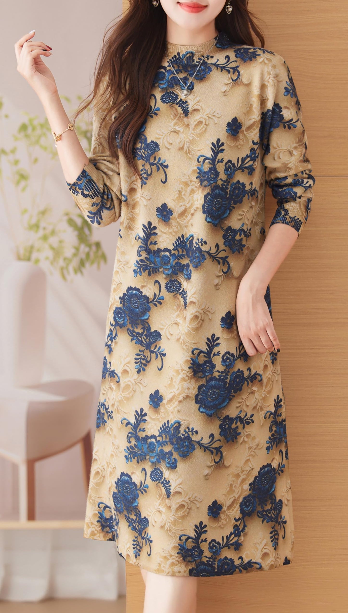 Knit Floral Pullover Elegant Winter Midi Dress