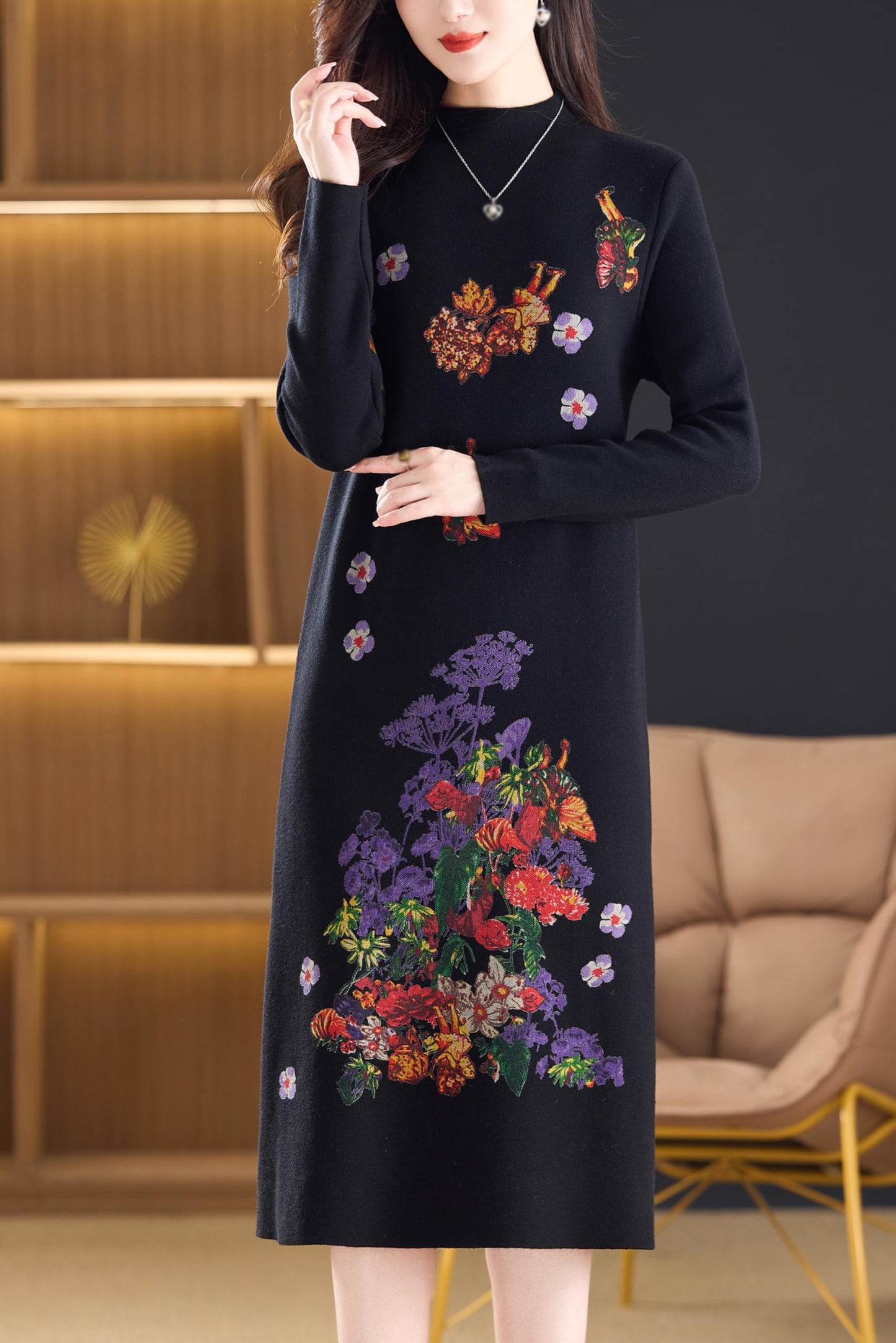 Fall Knitted Stretch Pullover Sweater Elegant Midi Dress