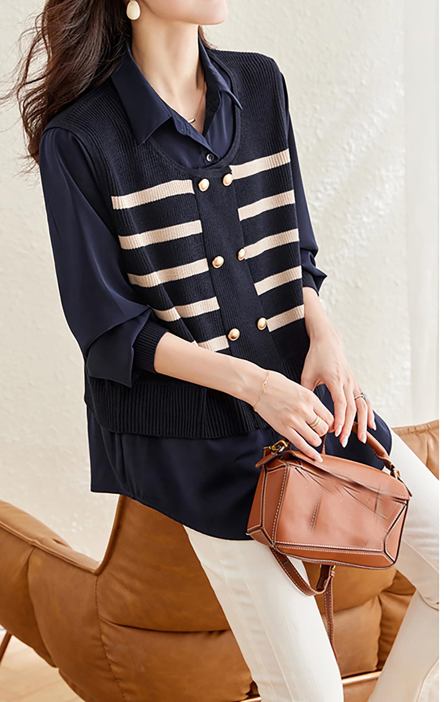 Knit Patchwork Stripe Button Pullover Top