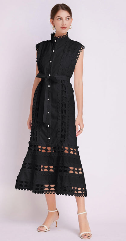 BK-Hollow Lace Button Midi Dress