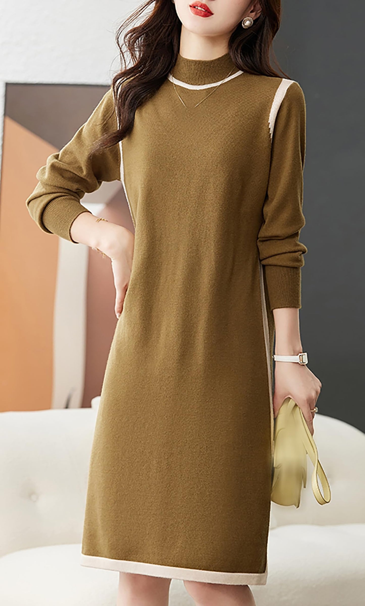 Knit Crew Neck A Line Midi Dress with Belt