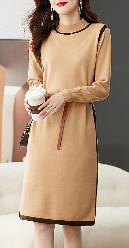 Knit Crew Neck A Line Midi Dress with Belt