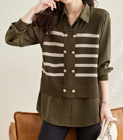 Knit Patchwork Stripe Button Pullover Top