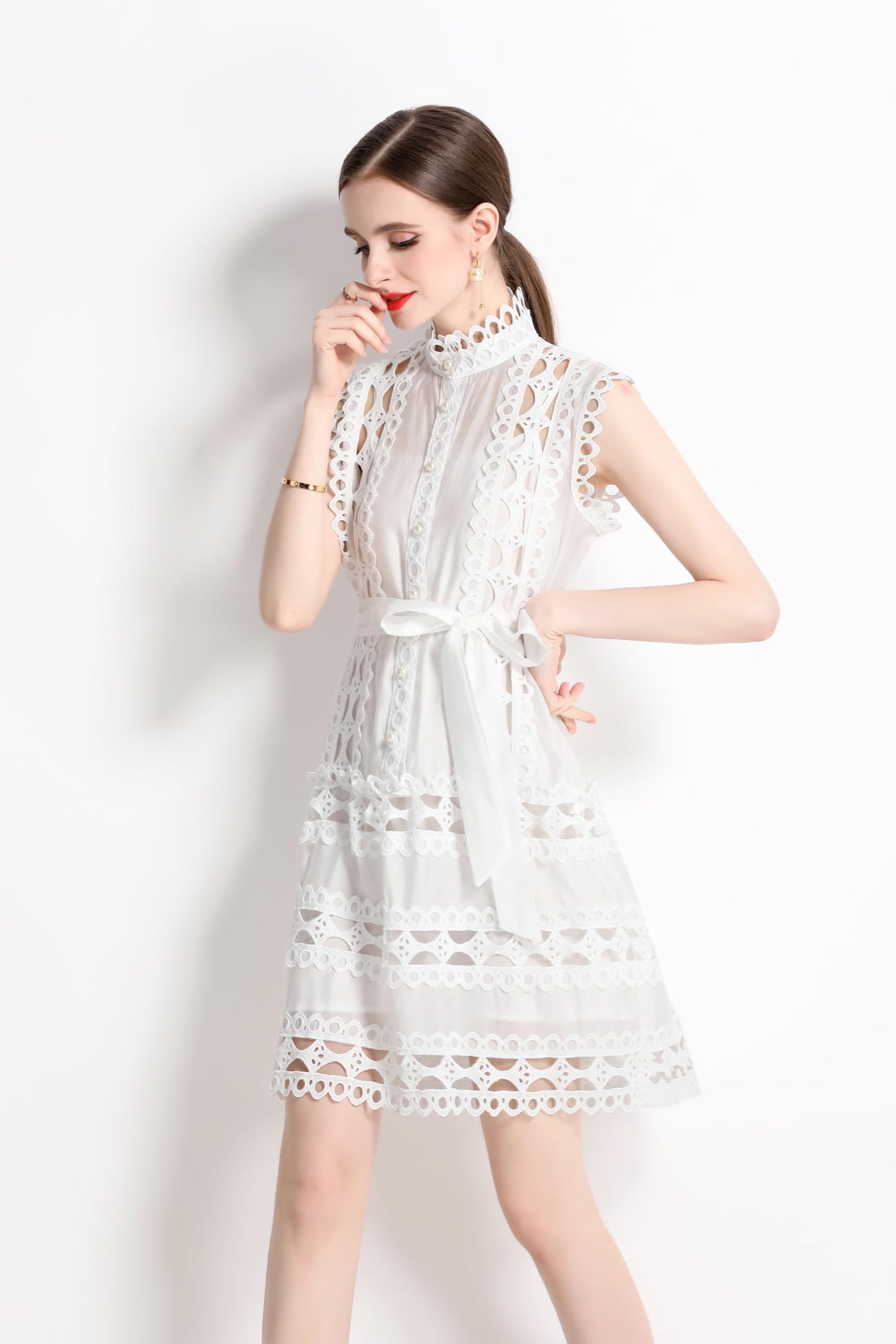 Lace Sleeveless Hollow Mini  Dresses with Belt