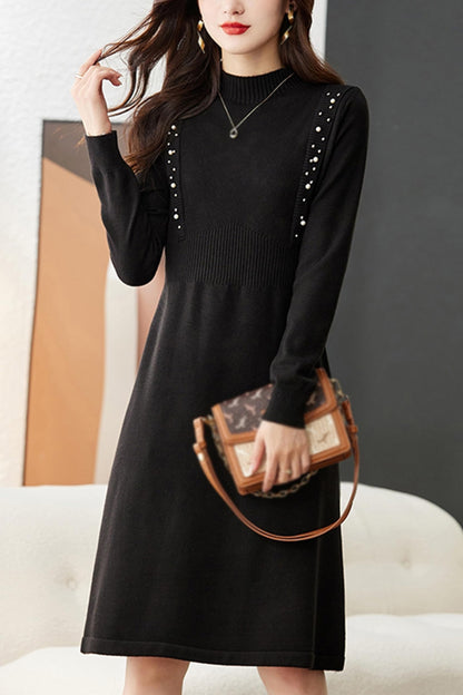 Knit Bead Solid Color Pullover Midi Dress