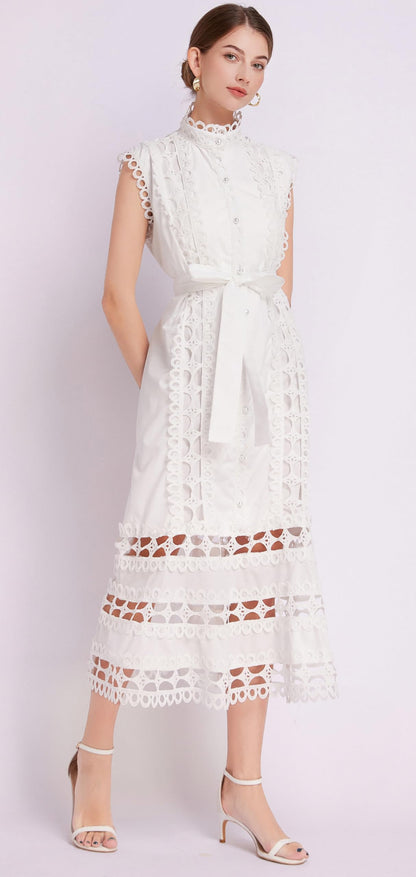 BK-Hollow Lace Button Midi Dress