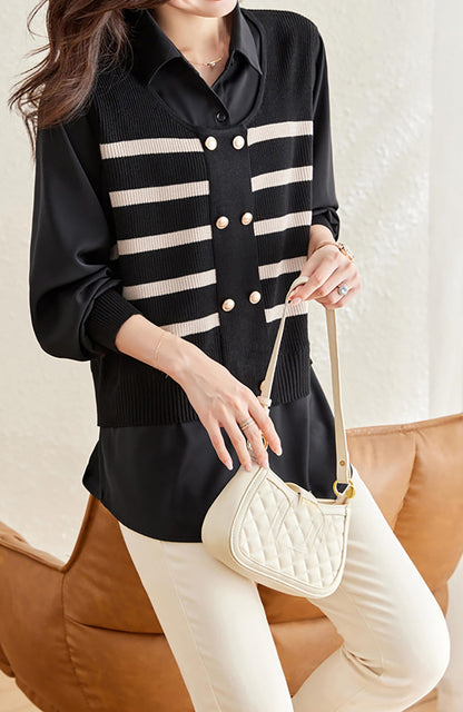 Knit Patchwork Stripe Button Pullover Top