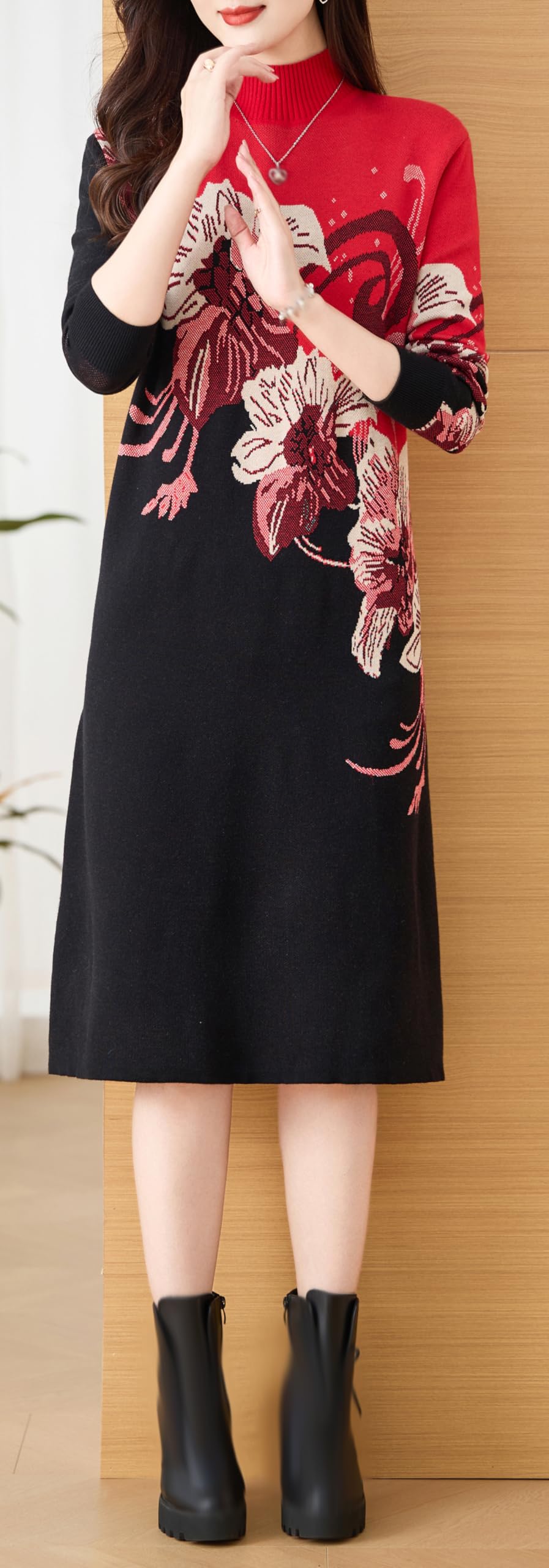 Knit Floral Pullover Elegant Winter Midi Dress