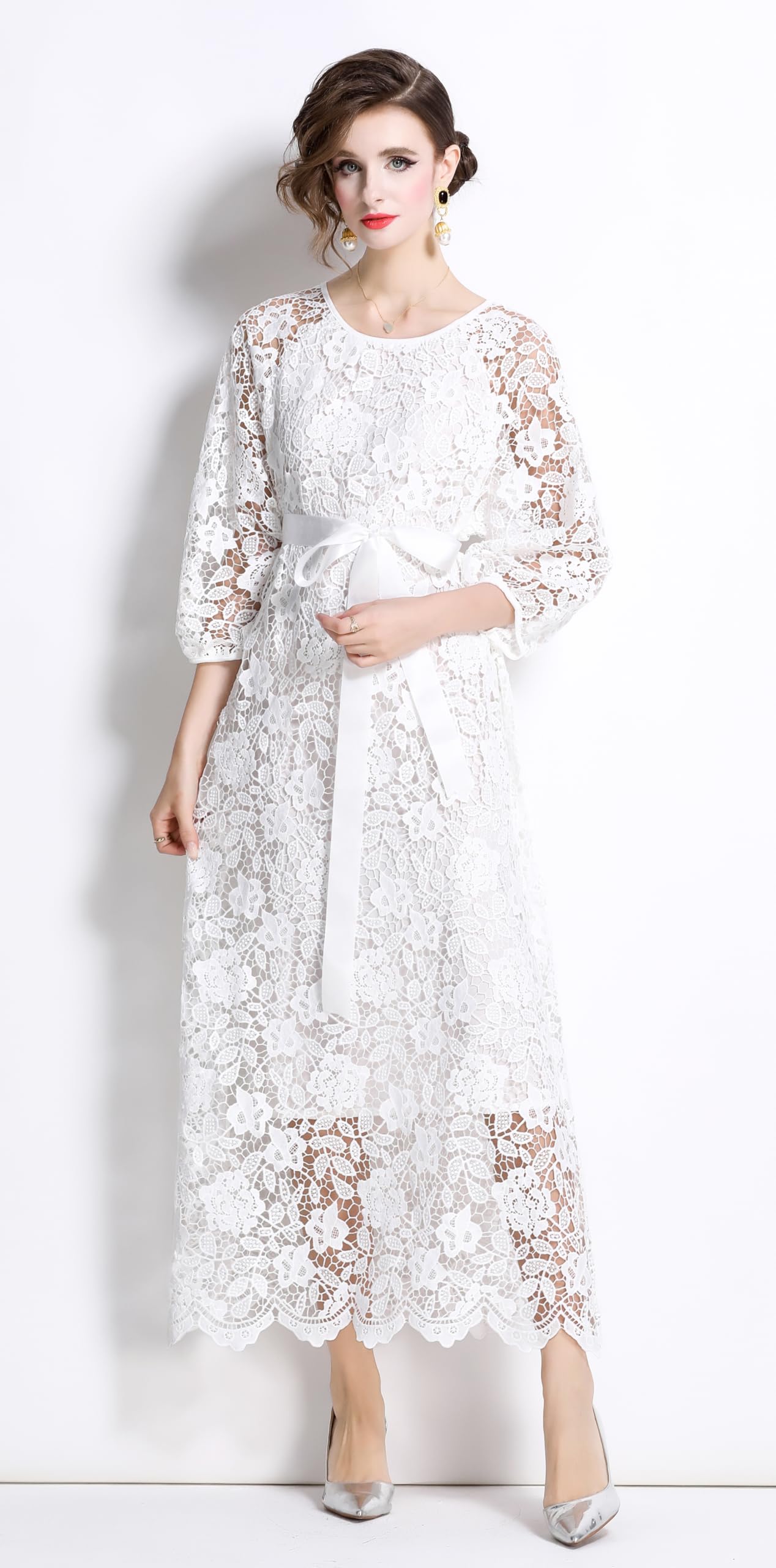 Womens Lace Puff Sleeves Elegant Maxi Dress