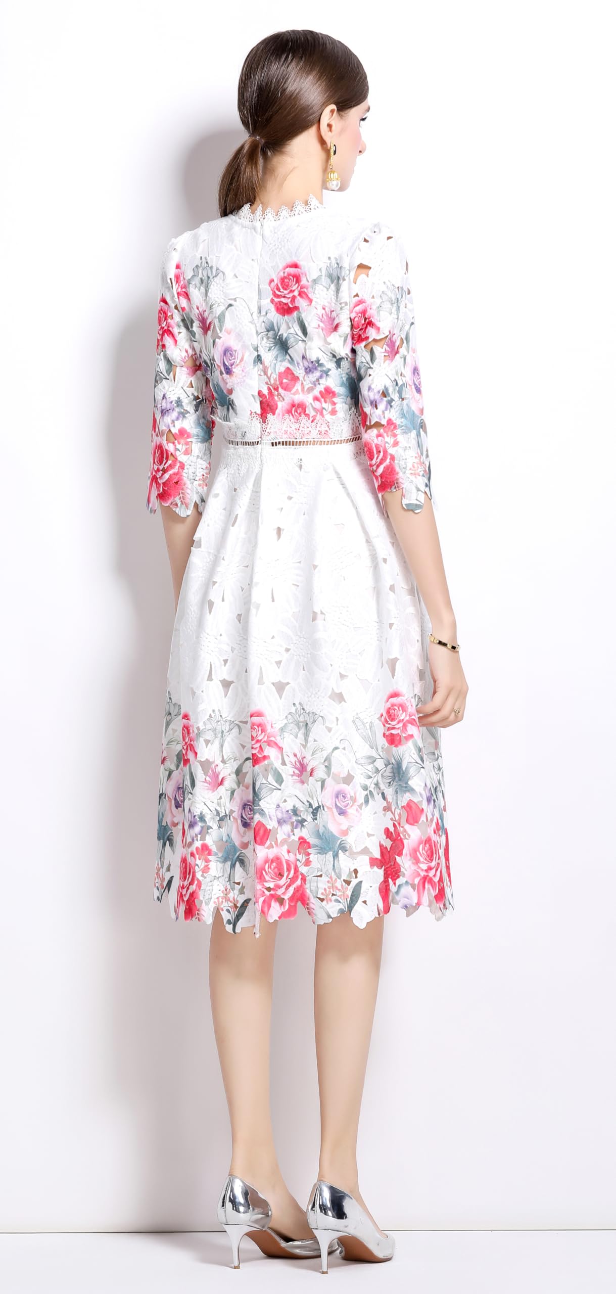 Womens Flowy Lace Party Midi Dress