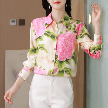 Women's Collared Floral Print Shirt Blouse