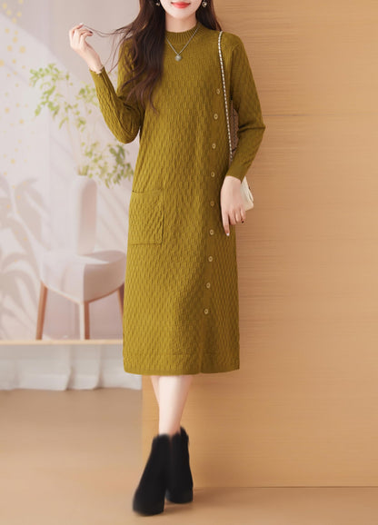 Knit Stretch Solid Button Midi Dress with Pockets